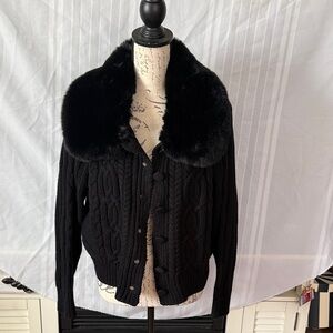 Black Cable Knit Cardigan with Faux Fur Collar